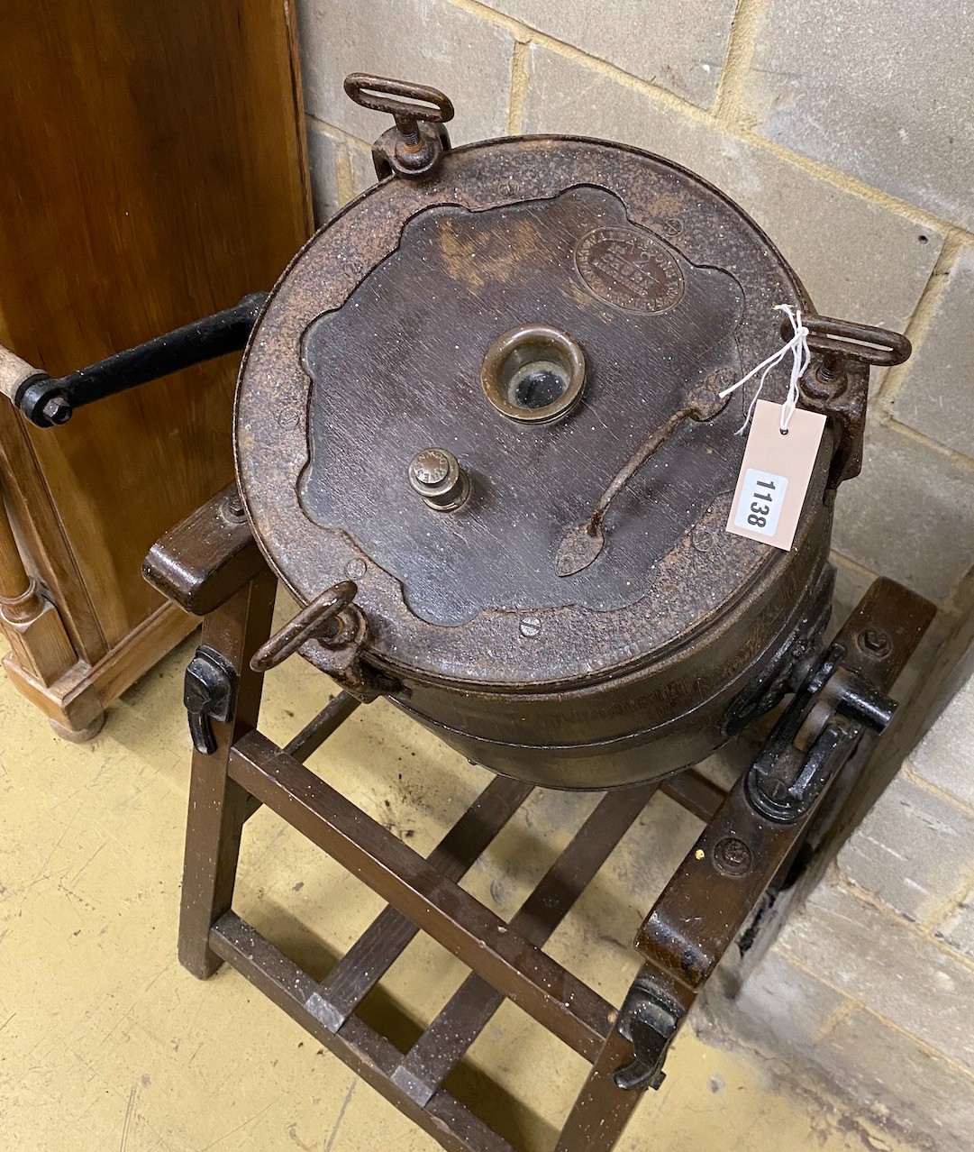 A Victorian Waide & Son iron mounted butter churn, height 114cm